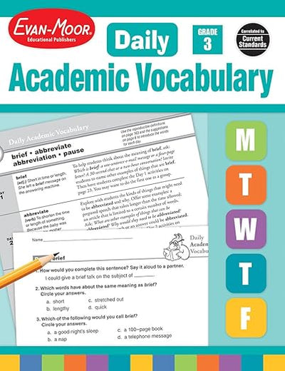 Evan-Moor Daily Academic Vocabulary Lessons, Grade 3, 36 Weeks of Instruction Give Students an Expanded Vocabulary Activities, Homeschooling and Classroom Resource Workbook, Definitions, Printables