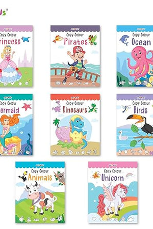 Jolly Kids Copy Colour Books Set| Set of 8| Fun Activity Kids Colouring Books: Animals, Flowers, Dinosaurs, Mermaid, Ocean, Pirates, Princess & Unicorn| Ages 3-10 years