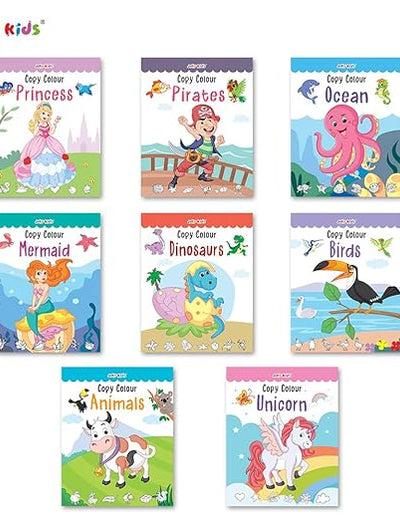 Jolly Kids Copy Colour Books Set| Set of 8| Fun Activity Kids Colouring Books: Animals, Flowers, Dinosaurs, Mermaid, Ocean, Pirates, Princess & Unicorn| Ages 3-10 years