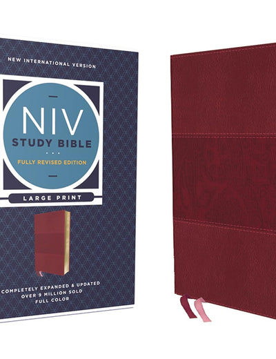 NIV Study Bible, Fully Revised Edition (Study Deeply. Believe Wholeheartedly.), Large Print, Leathersoft, Burgundy, Red Letter, Thumb Indexed, Comfort Print