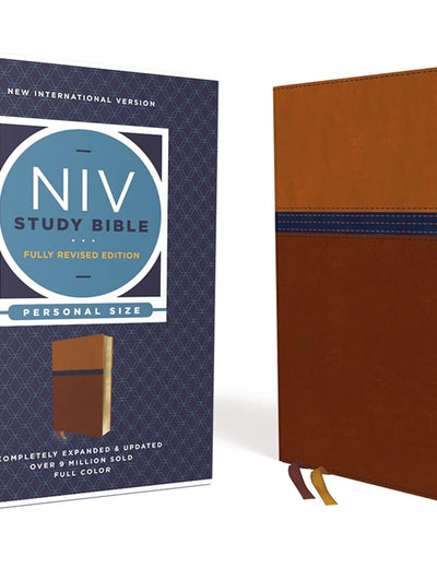 NIV Study Bible, Fully Revised Edition (Study Deeply. Believe Wholeheartedly.), Personal Size, Leathersoft, Brown/Blue, Red Letter, Comfort Print