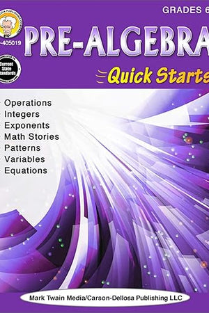 Mark Twain Pre Algebra Workbook, Math Book for Grade 6 and Up, Operations, Integers, Exponents, Patterns, Mathematics Equations, and More, Classroom or Homeschool Curriculum, Quick Starts Series