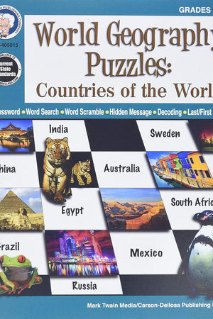 Mark Twain World Geography Puzzle Book, Countries of the World Crossword, Word Search, Hidden Messages, Decoding, and More, Educational Games for Kids Grades 5 and Up