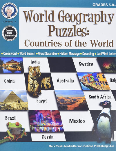 Mark Twain World Geography Puzzle Book, Countries of the World Crossword, Word Search, Hidden Messages, Decoding, and More, Educational Games for Kids Grades 5 and Up