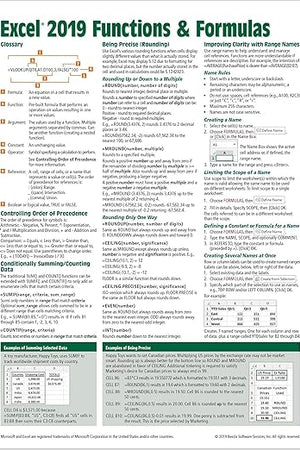 Microsoft Excel 2019 Functions & Formulas Quick Reference Card - Windows Version (4-page Cheat Sheet focusing on examples and context for ... functions and formulas- Laminated Guide)