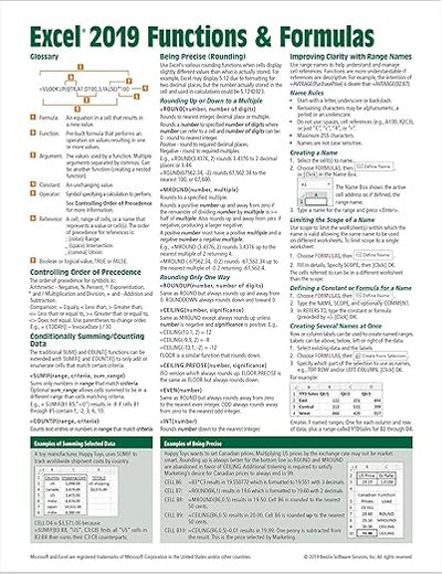 Microsoft Excel 2019 Functions & Formulas Quick Reference Card - Windows Version (4-page Cheat Sheet focusing on examples and context for ... functions and formulas- Laminated Guide)